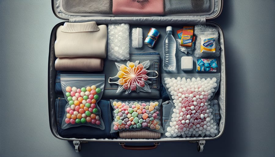 Close-up of freeze dried candies being packed in airtight containers and resealable bags, cushioned by soft clothing, bubble wrap, and tissue paper in a suitcase.